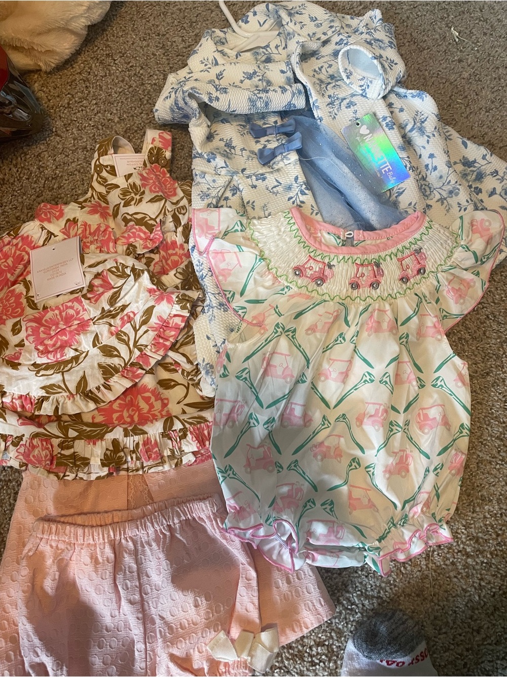 Baby Girls Pastel Floral & Pink Smocked Bubble Romper this lot of 4 outfits 2